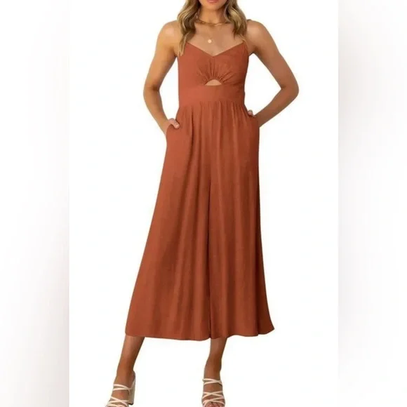 Women's Summer V Neck Spaghetti Straps Cutout Smocked High Waist MEDIUM - Picture 2 of 2